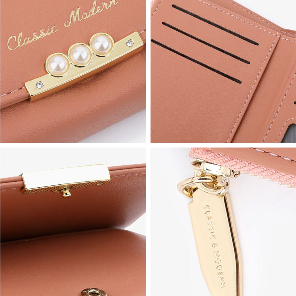 TAILIAN T6223-013 Faux Pearl Decor Women PU Leather Tri-fold Wallet Zipper Coin Purse TAILIAN T6223-013 Faux Pearl Decor Women PU Leather Tri-fold Wallet Zipper Coin Purse